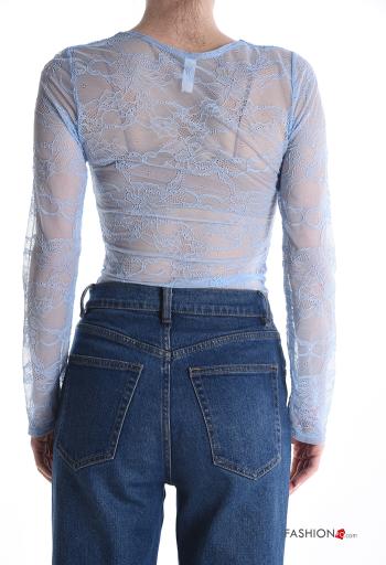 Embroidered long sleeve crew neck lace trim Bodysuit - ph 2