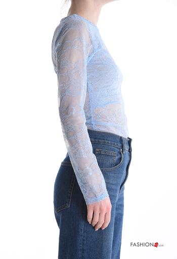 Embroidered long sleeve crew neck lace trim Bodysuit - ph 3