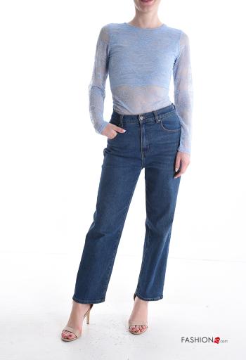 Embroidered long sleeve crew neck lace trim Bodysuit - ph 5