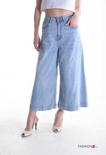 Calças de ganga denim wide leg com bolsos com botões com fecho