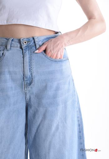 Calças de ganga denim wide leg com bolsos com botões com fecho - ph 4