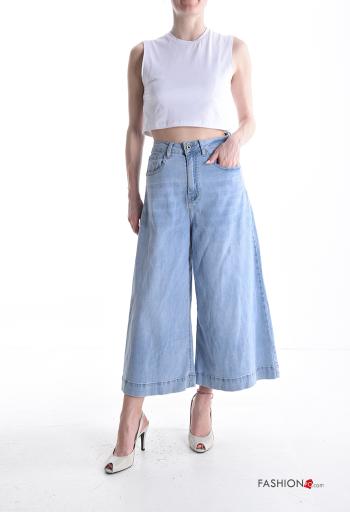 Calças de ganga denim wide leg com bolsos com botões com fecho - ph 5