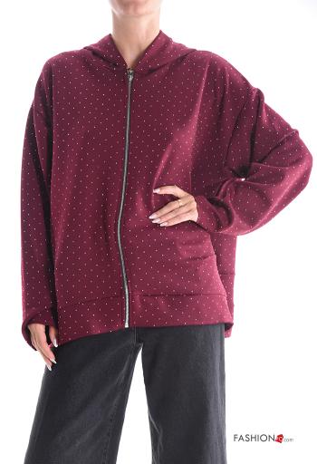 Sweatshirt manches longues avec fermeture éclair à capuche avec strass
