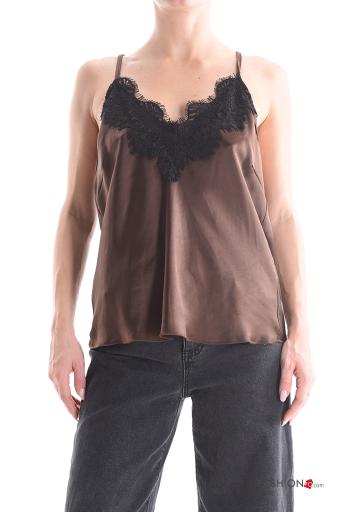 Top senza maniche regolabile pizzo raso Fantasia ricamata