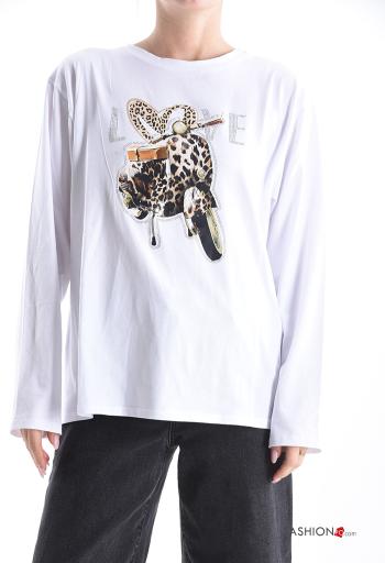 Maglietta a manica lunga in Cotone girocollo Fantasia stampata con strass - ph 1