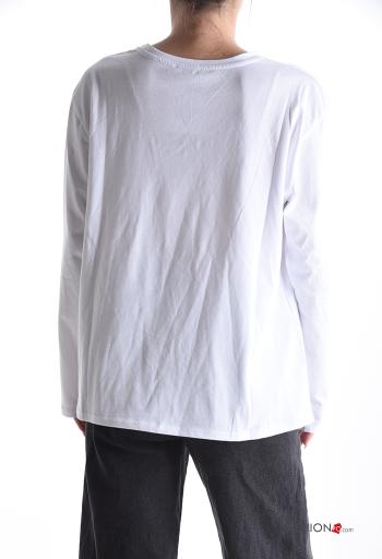 Maglietta a manica lunga in Cotone girocollo Fantasia stampata con strass - ph 2