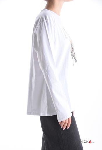 Maglietta a manica lunga in Cotone girocollo Fantasia stampata con strass - ph 3