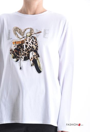 Maglietta a manica lunga in Cotone girocollo Fantasia stampata con strass - ph 4