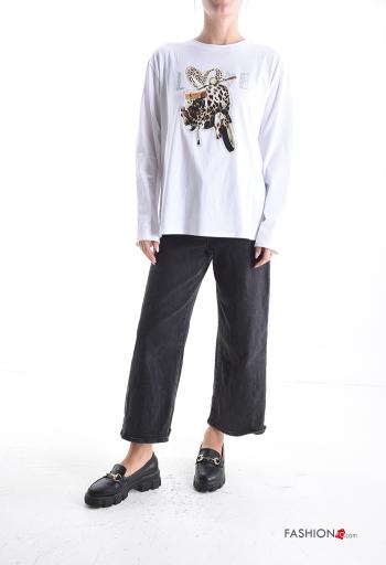 Maglietta a manica lunga in Cotone girocollo Fantasia stampata con strass - ph 5