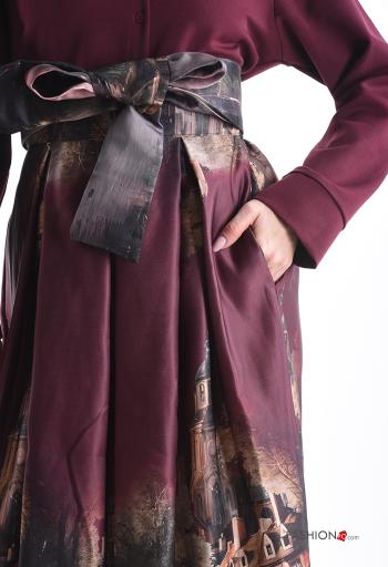 Orte und Länder Muster Satin hoher Taille Rock mit stoffgürtel - ph 4