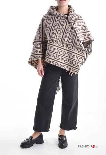 Graphic Print Poncho with buttons with fringe - ph 5