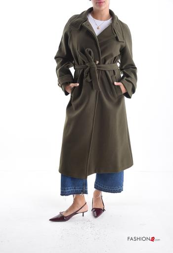 Abrigo de Mezcla de Lana manga larga con cinturón de tela con bolsillos con botones con forro