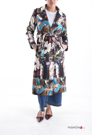 Abrigo manga larga Estampado Artístico con forro con botones con cinturón de tela