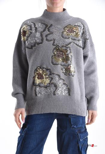 Maglione maniche lunghe Fantasia ricamata con paillettes a collo alto - ph 1