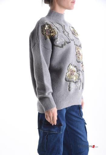 Maglione maniche lunghe Fantasia ricamata con paillettes a collo alto - ph 3