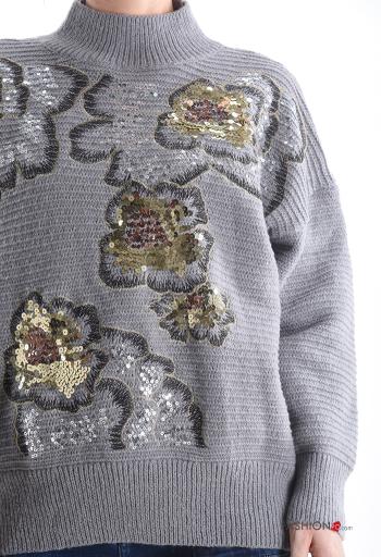 Maglione maniche lunghe Fantasia ricamata con paillettes a collo alto - ph 4