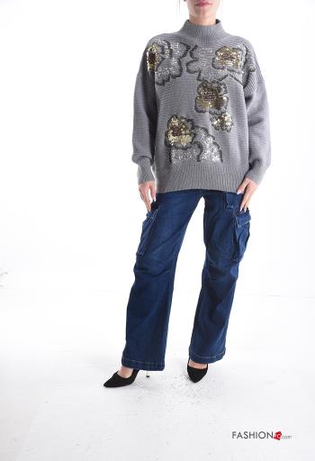 Maglione maniche lunghe Fantasia ricamata con paillettes a collo alto - ph 5