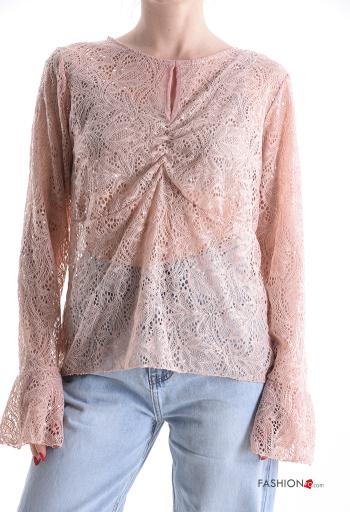 Embroidered long sleeve crew neck lace trim Shirt - ph 1