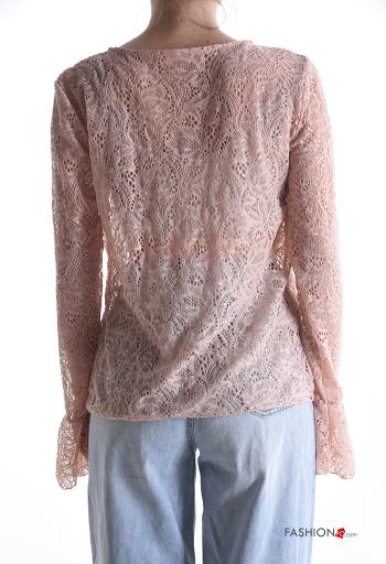 Embroidered long sleeve crew neck lace trim Shirt - ph 2