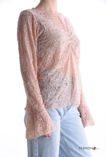 Embroidered long sleeve crew neck lace trim Shirt - ph 3