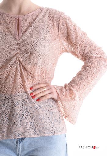 Embroidered long sleeve crew neck lace trim Shirt - ph 4