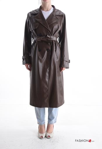 Imperméable faux cuir manches longues avec ceinture à boutons