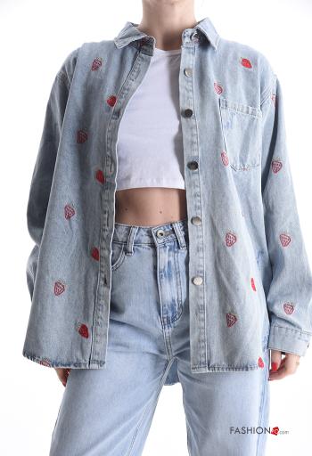 Embroidered long sleeve with collar denim Cotton Shirt with buttons with pockets