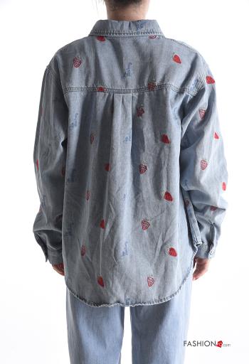 Embroidered long sleeve with collar denim Cotton Shirt with buttons with pockets - ph 2