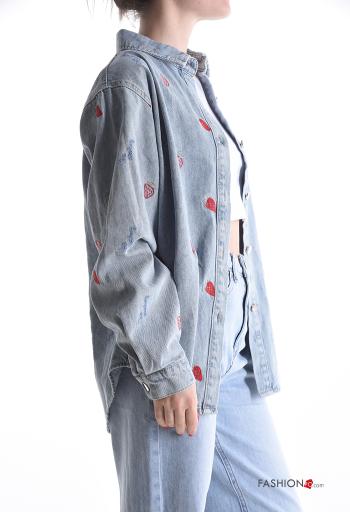 Embroidered long sleeve with collar denim Cotton Shirt with buttons with pockets - ph 3