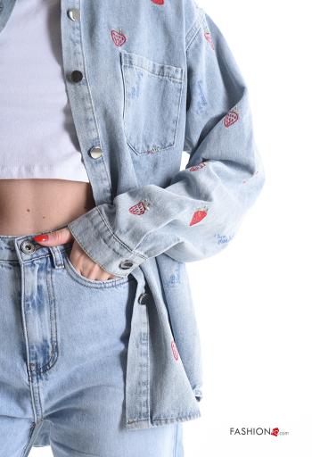 Embroidered long sleeve with collar denim Cotton Shirt with buttons with pockets - ph 4