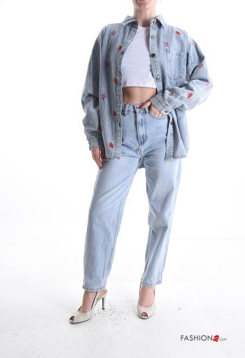 Embroidered long sleeve with collar denim Cotton Shirt with buttons with pockets - ph 5