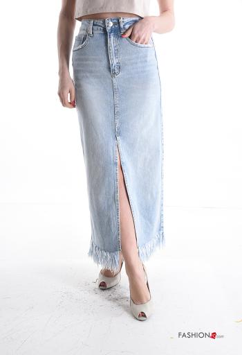 Gonna in Cotone denim con zip con bottoni con frange con spacco con tasche