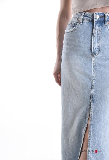 Gonna in Cotone denim con zip con bottoni con frange con spacco con tasche - ph 4