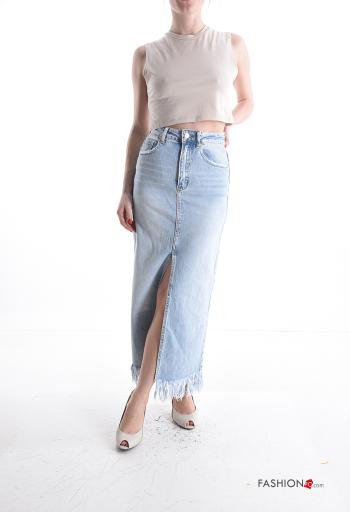 Gonna in Cotone denim con zip con bottoni con frange con spacco con tasche - ph 5