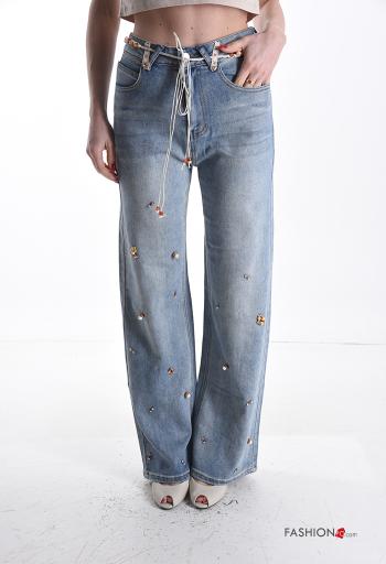 Jeans en Coton en denim avec des perles avec fermeture éclair avec strass avec corde à boutons avec ceinture avec poches - ph 1
