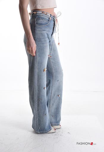 Jeans en Coton en denim avec des perles avec fermeture éclair avec strass avec corde à boutons avec ceinture avec poches - ph 3