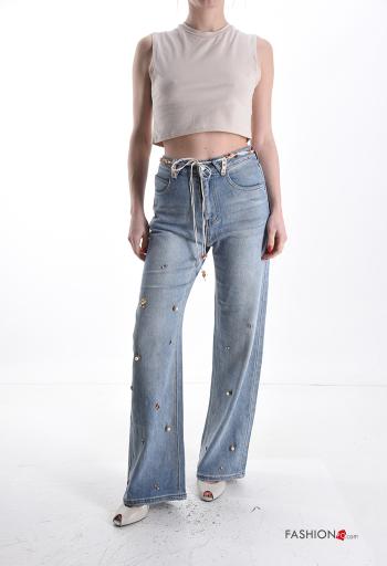 Jeans en Coton en denim avec des perles avec fermeture éclair avec strass avec corde à boutons avec ceinture avec poches - ph 5
