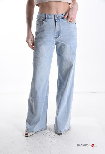 denim wide leg Cotton Jeans with buttons with zip with pockets