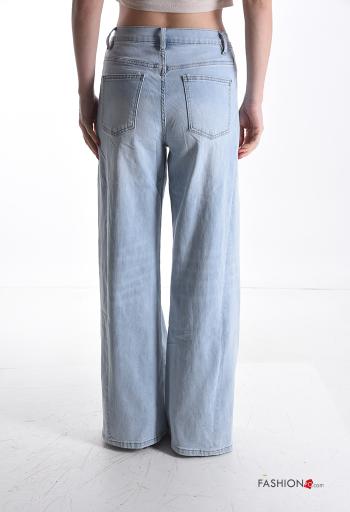 denim wide leg Cotton Jeans with buttons with zip with pockets - ph 2