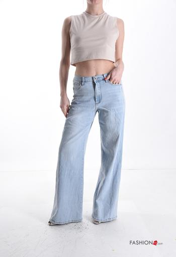 denim wide leg Cotton Jeans with buttons with zip with pockets - ph 5