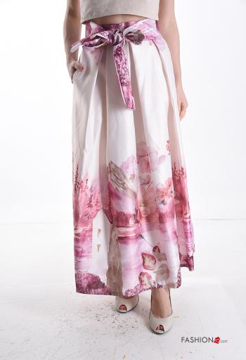 Floral satin Skirt with pockets with bow