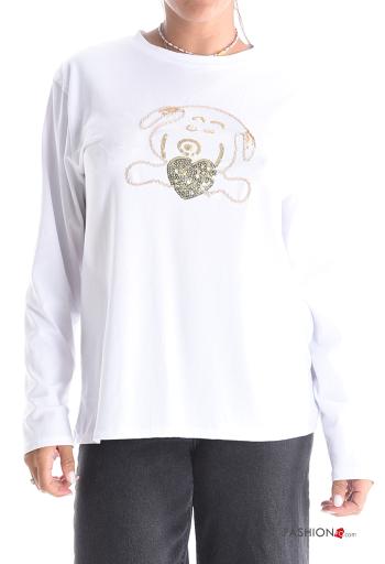 Animal motif crew neck Cotton Long sleeved top with sequins