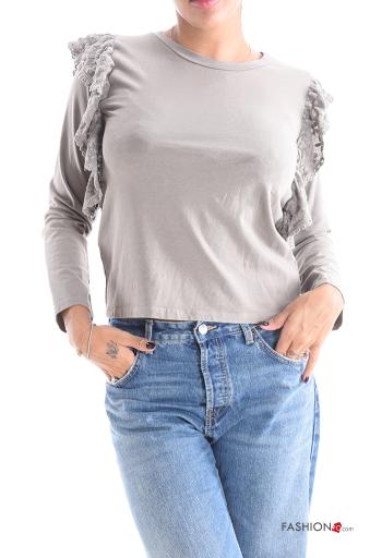 Camiseta de manga larga de Algodón manga larga cuello redondo Patrón bordado