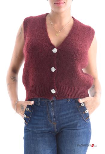 Cardigan in Mohair senza maniche scollo a V con bottoni con strass