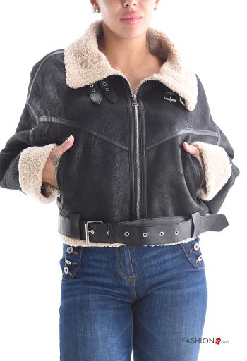 with buckle long sleeve faux leather Biker Jacket with pockets with zip