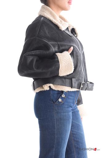 with buckle long sleeve faux leather Biker Jacket with pockets with zip - ph 3