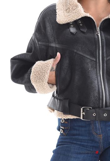 with buckle long sleeve faux leather Biker Jacket with pockets with zip - ph 4