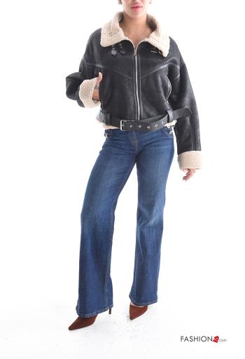 with buckle long sleeve faux leather Biker Jacket with pockets with zip - ph 5