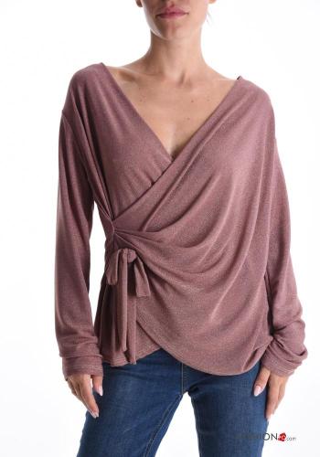 Lurex extra lange ärmel Bluse mit Schleife tiefer ausschnitt mit V-Ausschnitt - ph 1