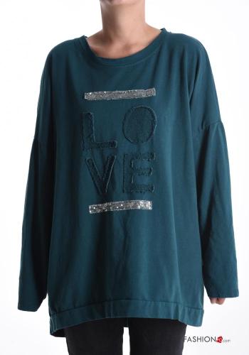 Maglione in Cotone girocollo oversize maniche extra lunghe Fantasia scritta con paillettes